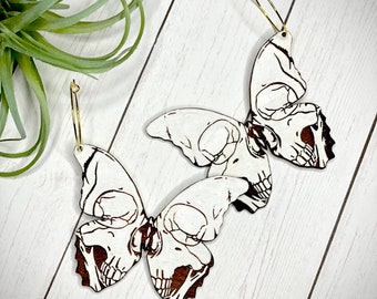 Skull Butterfly Drop Wood Hoop Earrings, Skeleton Earrings, Butterfly Wings, Skull Earrings, Skull Jewelry, Boho Earrings
