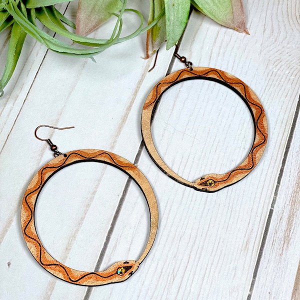 Copper Ouroboros Earrings For Women, Snake Eating Its own Tail, Wood Dragon Dangle Earrings, Crystal Uoboros