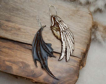 Angel Demon Wing Dangle Wood Earrings,  Angel Demon On Your Shoulder Gothic Jewelry, Good and Evil Earrings