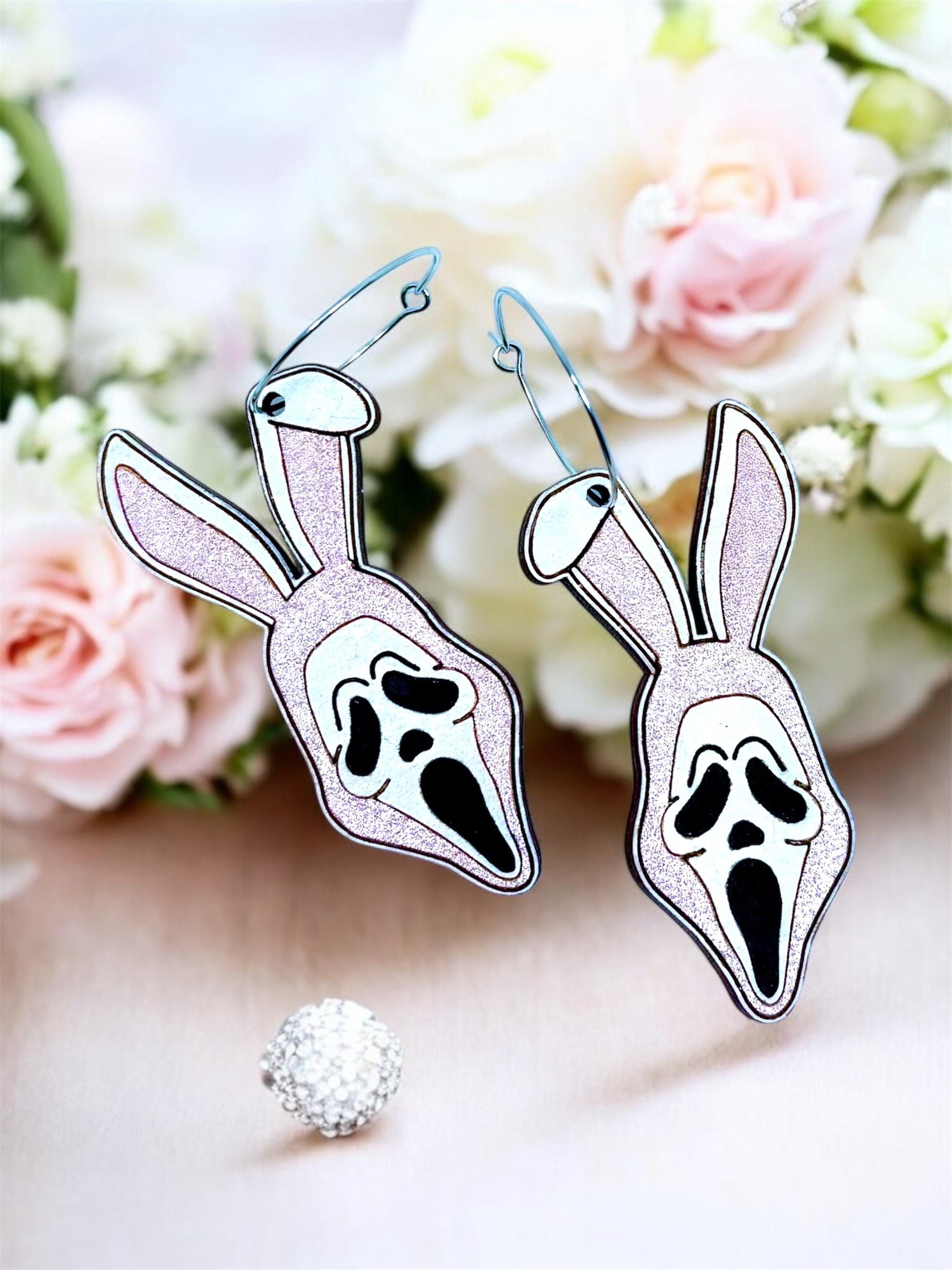 Ghost Face Easter Bunny Earrings For Women, Metallic Pastel Pink, Horror Movie, Wood Dangle Earrings