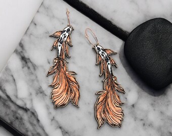 Koi Fish Dangle Wood Hoop Earrings Rose Gold Earrings, Laser Cut Fish Earrings, Japanese Koi Garden, Whimsical Earrings