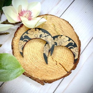 Celestial Cloud Moon Dangle Wood Earrings