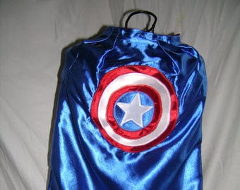 Handmade Superhero Cape, Blue Satin with Shield, Dress Up Costume