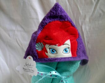 Princess inspired hooded towels, childs towel, one-size-fits most, handmade, embroidered towels, hooded designs, mermaid, applel