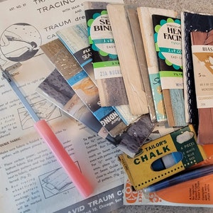 Vintage sewing notions, vintage ephemera, lace binding, tracing wheel, tailor&#39;s chalk, tailor&#39;s pencil