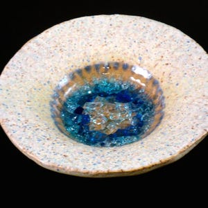 Gallery Art Pottery Bowl Featuring Melted Glass: &quot;Ocean Pearl&quot; in Blue and Cream - One of a Kind