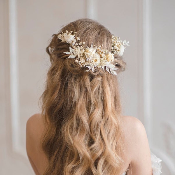 Arrangement de cheveux de fleur de mariage ivoire avec des fleurs préservées Casque de mariage Vigne de cheveux blancs Fleurs de cheveux de mariée Off morceau de cheveux blanc