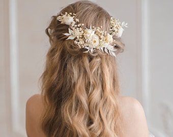 Arrangement de cheveux de fleur de mariage ivoire avec des fleurs préservées Casque de mariage Vigne de cheveux blancs Fleurs de cheveux de mariée Off morceau de cheveux blanc