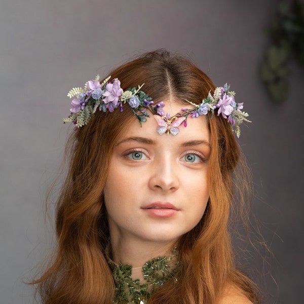 Elven flower tiara, Butterfly wedding crown, Fairy bridal tiara, Lilac elf flower tiara Romantic purple flower crown Halloween tiara Magaela