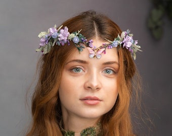 Elven flower tiara, Butterfly wedding crown, Fairy bridal tiara, Lilac elf flower tiara Romantic purple flower crown Halloween tiara Magaela