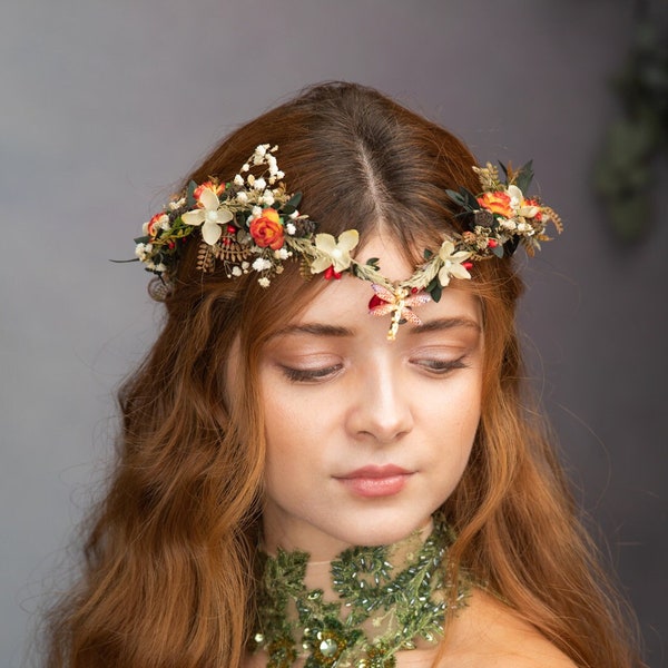 Fairy elven flower crown, Autumn wedding tiara with dragonfly, Woodland Elf flower tiara, Bride to be, Orange fairy wedding crown, Magaela