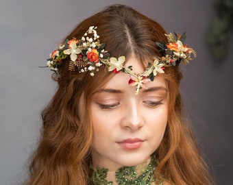 Fairy elven flower crown, Autumn wedding tiara with dragonfly, Woodland Elf flower tiara, Bride to be, Orange fairy wedding crown, Magaela