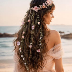 Romantic Flower Crown with Cascading Vines - Blush Pink Flower Wedding Wreath with Veil - The Original Magaela Design