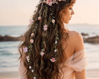 Romantic Flower Crown with Cascading Vines - Blush Pink Flower Wedding Wreath with Veil - The Original Magaela Design
