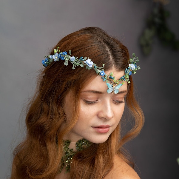 Fleurs bleu bébé couronne papillon diadème de fleurs de mariée couronne de fleurs de mariée mariage hippie mariage romantique mariage de conte de fées diadème elfique