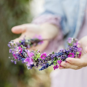 Purple flower half crown Bridal headpiece Durable wreath 2021 Wedding Lavender Natural looking crown Magaela Violet wedding accessories image 1