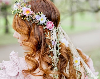 Romantic meadow flower wreath with veil Beltane Daisy flower crown Pastel bridal headpiece Wedding Hanging vines Pink hair piece Magaela