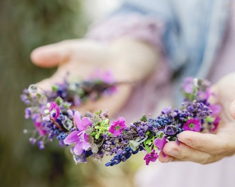 Purple flower half crown Bridal headpiece Durable wreath 2021 Wedding Lavender Natural looking crown Magaela Violet wedding accessories