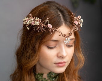 Romantic flower elven tiara Bridal flower crown Fairy Elf wedding crown with flower Rose gold vintage tiara Magaela Pink elven crown