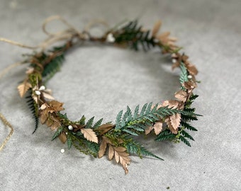 Greenery ferns wedding hair crown Bronze wedding flower wreath Woodland wedding Fairy hair crown Bride to be Golden and green crown Magaela