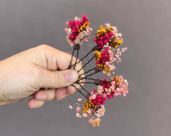 Dried flowers hair pins hair Autumn Flower hairpins Fuchsia Pink Ochre Wedding flower hairpins Bridal hair pins Fall Wedding accessories