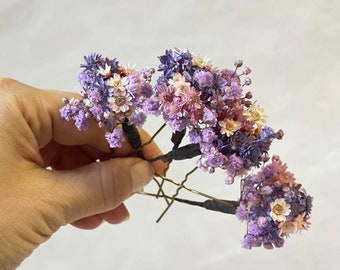 Épingles à cheveux fleurs séchées violettes et roses Épingles à cheveux séchées lilas Épingles à cheveux de mariage Épingles à cheveux violet pâle romantiques Épingles à cheveux fleurs de mariée Magaela