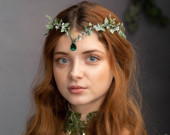 Greenery Elf Wedding Tiara – Fairytale Bridal Headpiece, Fantasy Elven Crown
