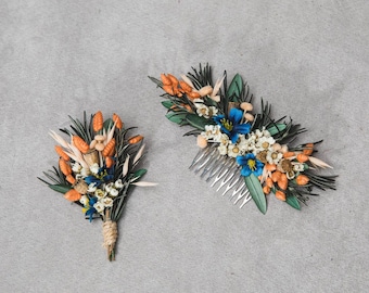 Natural flower set Bridal hair comb Boutonniere for groom Matching wedding accessories Orange and blue hair comb Rosemary and olive leaves