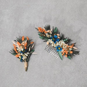 Natural flower set Bridal hair comb Boutonniere for groom Matching wedding accessories Orange and blue hair comb Rosemary and olive leaves