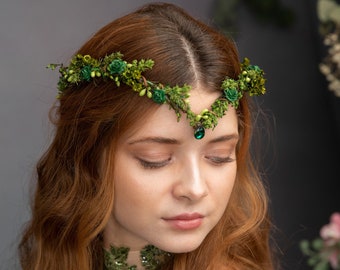 Tiara de hadas elfo de flores Tiara de flores élficas verdes Tiara de elfo Corona de hadas de la boda del bosque Rosas verdes halo de hadas Diadema de hadas nupciales Magaela
