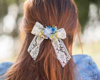 Flower hair bow Yellow and blue lace ribbon hair bow Barrette hair clip Bridal hair clip with bow Ponytail hair clip Back to school Magaela