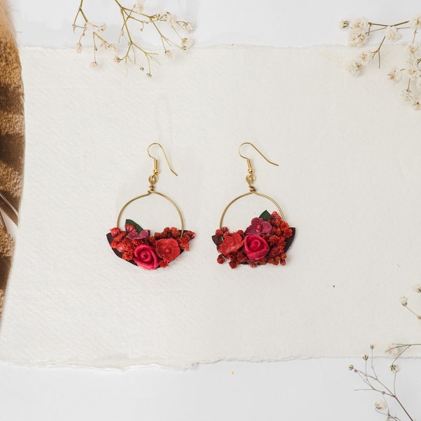 Red circle dangle earrings Bridal 2021 Gold hook Unique flower earrings Surgical steel hook Magaela accessories Gift for her Red Wedding