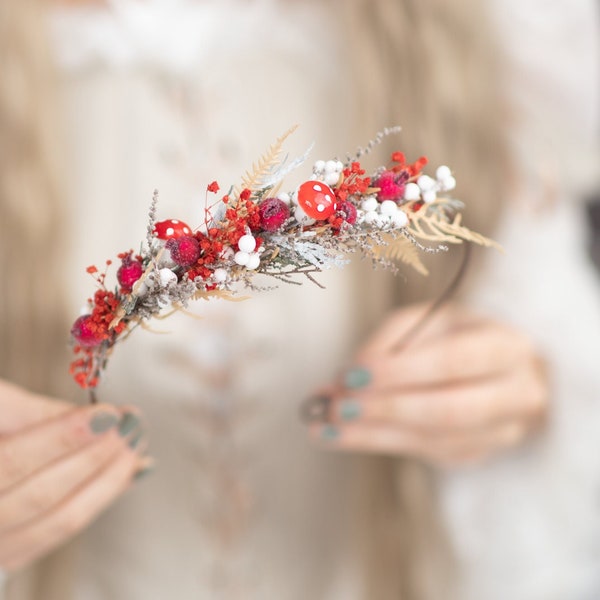 Red woodland flower half wreath with mushrooms Flower wreath with toadstool and rosehips Woodland wedding Fly agaric fairy crown Magaela