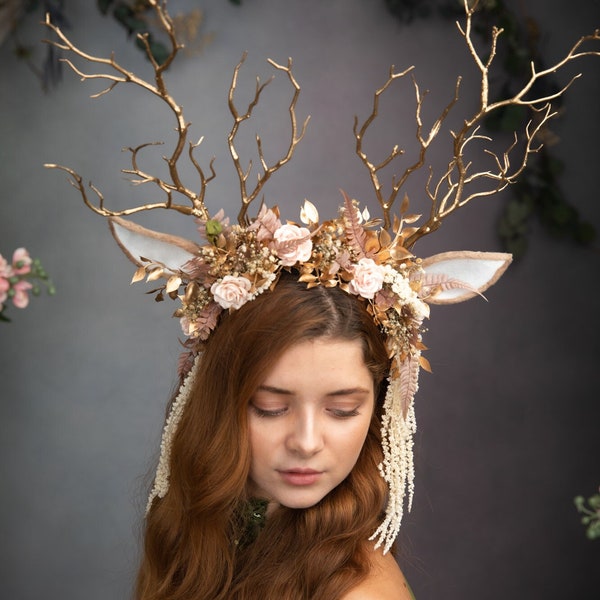 Fairytale crown with deer antlers Pink flower crown Horns crown Headband with antlers Photo shoot Fairytale wedding Costume Pink gold crown