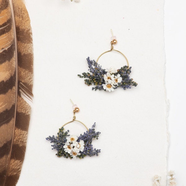 Small lavender circle dangle earrings Surgical steel blue lavender flower earrings for bride Dried flowers Magaela handmade Wedding earrings