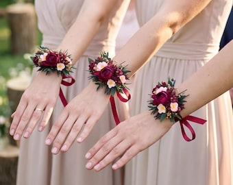 Burgundy Fall Wedding Wrist Corsage with Peonies, Eucalyptus and Wildflowers