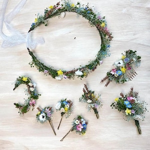 Corona de pelo de flor de prado Peine de pelo nupcial Horquillas de flores silvestres Accesorios para el cabello de boda Boutonnieres de prado Pulseras de dama de honor Magaela