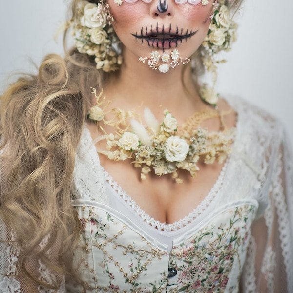 Collier de fleurs pour mariée Collier de mariage beige avec dentelle Accessoires de mariée Magaela Bijoux de mariage Bijoux de fleurs roses ivoire Frida