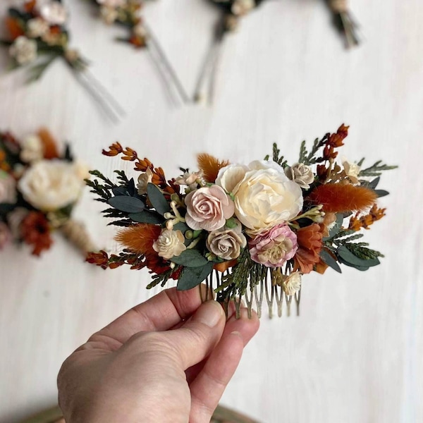 Peineta de flor de naranja quemado: tocado de boda de terracota
