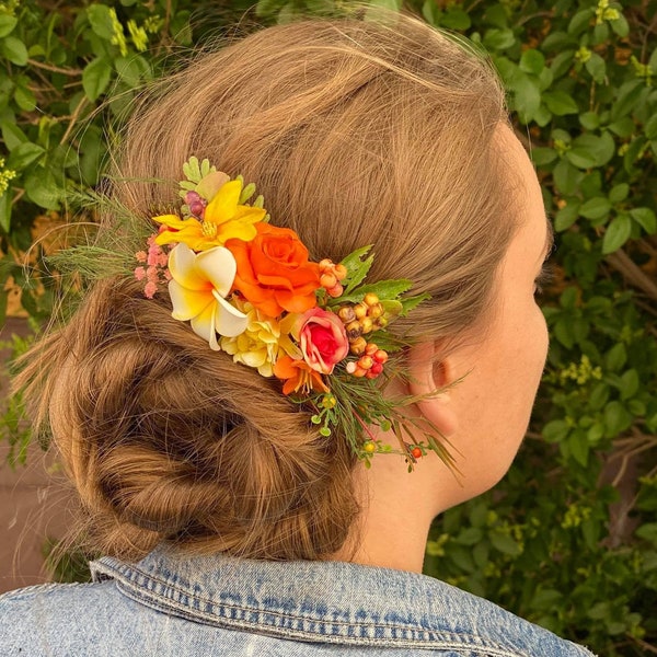 Hawaii Blume Haar kam Plumeria Hochzeit Blume Kopfschmuck Orange gelb weiß exotische tropischen Kopfschmuck Magaela handgemachte karibische Hochzeit