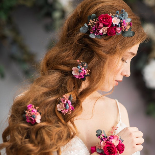 Pink flower hair comb and hairpins Bridal hair accessories Magenta flower hairpins Fuchsia wedding hair comb Romantic flower hair jewellery