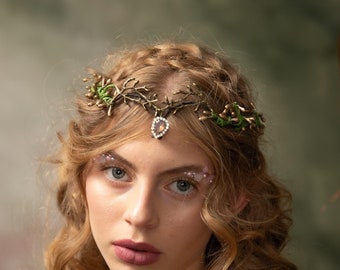 Woodland Wedding Tiara – Green Gold Elven Crown | Fantasy Fairy Tiara for Weddings, Photoshoots and Festivals