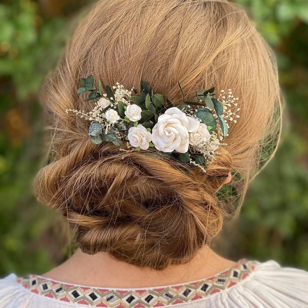 Pettine per capelli romantico nel verde Pettine per fiori da sposa con rose Pettine per capelli bianco e verde Matrimonio Boho Copricapo bianco sporco Magaela fatto a mano