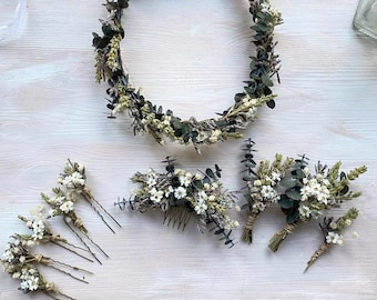 Accesorios de boda de flores verdes Corona de pelo de eucalipto Peine de pelo de vegetación preservada Boutonniere de flores naturales Accesorios nupciales Magaela