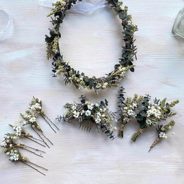 Greenery flower wedding accessories Eucalyptus hair crown Preserved greenery hair comb Natural flower boutonniere Bridal accessories Magaela