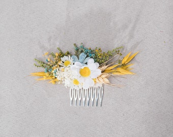 Peigne jaune et blanc de cheveux de fleur Marguerite peigne de cheveux nuptial Fleurs séchées Fleurs jaunes et bleues de mariage Meadow fleur peigne Cheveux fleurs