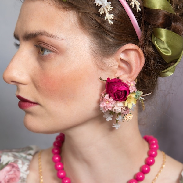 Pink flower earrings Wedding earrings with peony Magenta wedding earrings Bridal flower Jewellery Clip on earrings Stud earrings Magaela