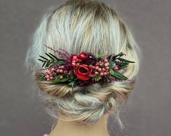 Burgundy wedding hair comb Bridal flower comb Wedding hair accessories Red flower comb Burgundy accessories Decorative hair comb Autumn