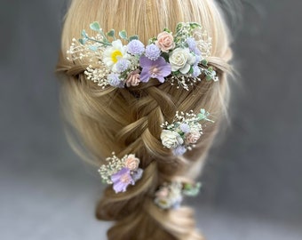 Ensemble de cheveux de fleurs pastel Accessoires de cheveux de mariée Peigne à cheveux de fleurs Épingle à cheveux violet pâle Épingle à cheveux de fleur romantique Peigne de prairie de marguerite Magaela