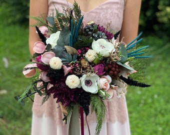 Bouquet de mariage élégant Boho Bourgogne Teal Ivoire Bouquet de mariée Fleur Demoiselle d'honneur artificielle Bouquet Prune Magaela accessoires Personnalisé